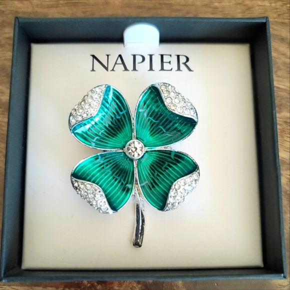 C & C California Jewelry - Napier Green Four Leaf Clover Lucky Brooch Pin Silver Saint Patrick's Day